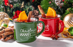 Christmas mugs with holiday drinks