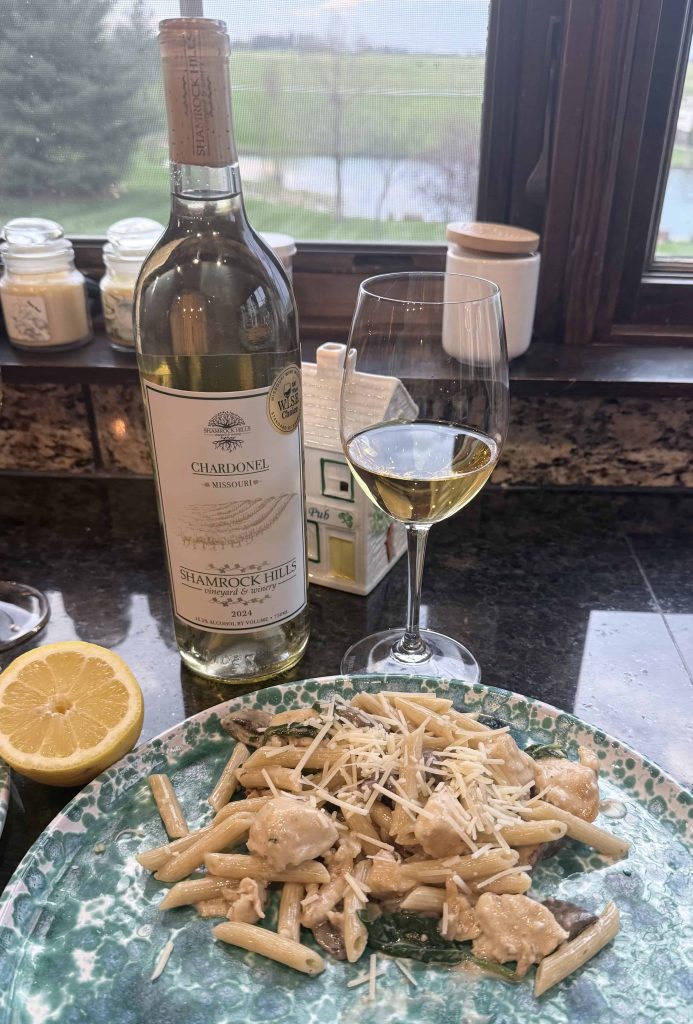 chardonel-kissed chicken mushroom pasta